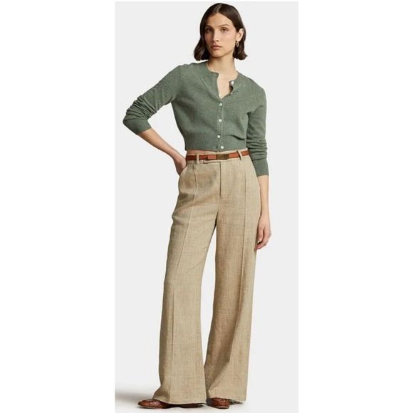 Polo Ralph Lauren Sz M Green/Gray Cropped Crewneck Cardigan Cashmere Sweater - Picture 10 of 13